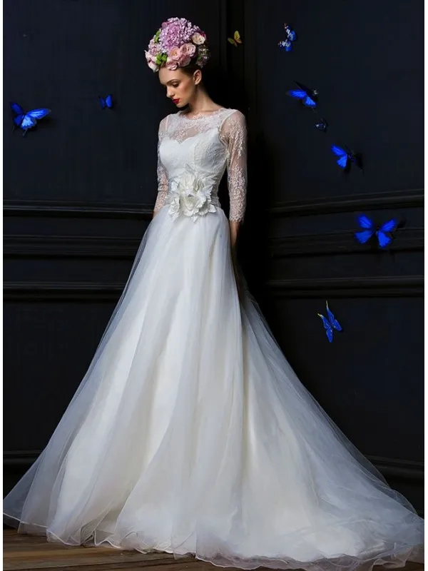 Vestito da Sposa Avvitato Online con gonna svasata scampanata in tulle e fiori