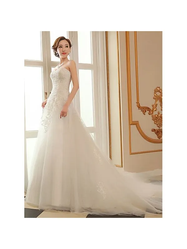 Vestito da Sposa Economico Principesco in tulle e pizzo con gonna vaporosa