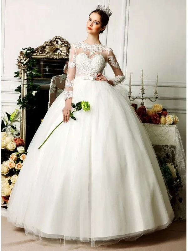 Vestito da Sposa online Economico con gonna a palloncino e maniche trasparenti di Pizzo