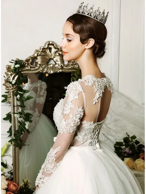 Vestito da Sposa online Economico con gonna a palloncino e maniche trasparenti di Pizzo