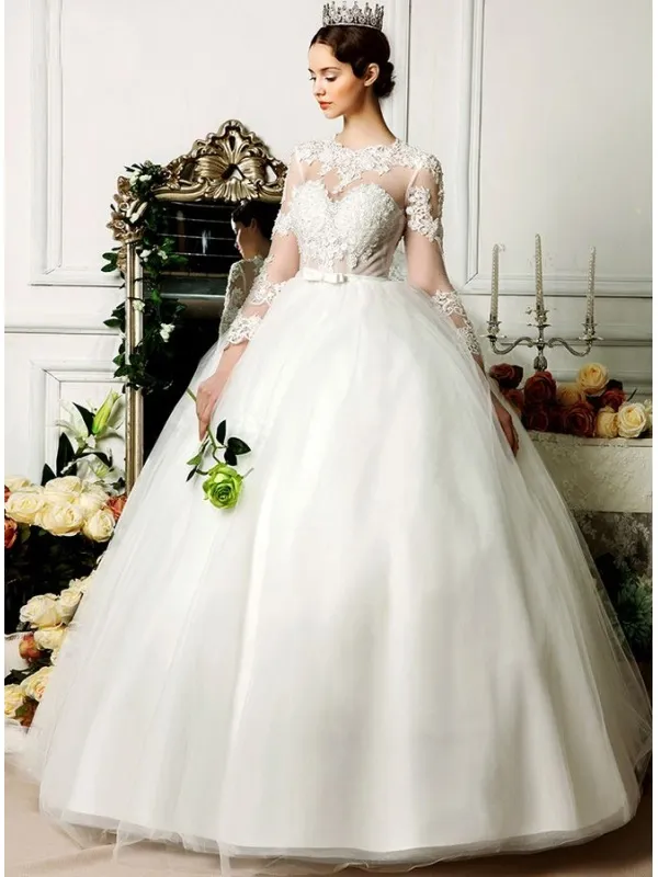 Vestito da Sposa online Economico con gonna a palloncino e maniche trasparenti di Pizzo