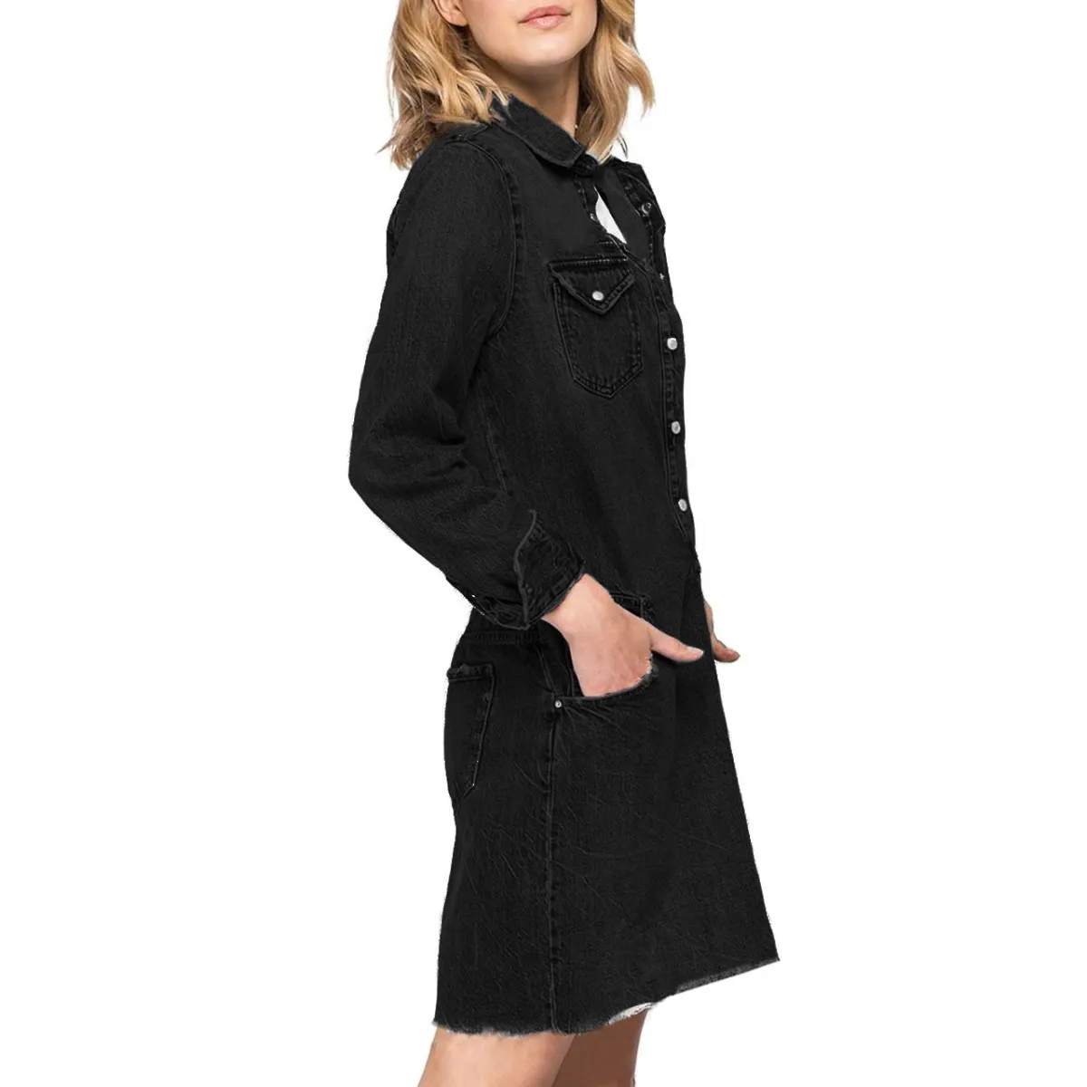 Vestito In Denim Con Tasche, Nero