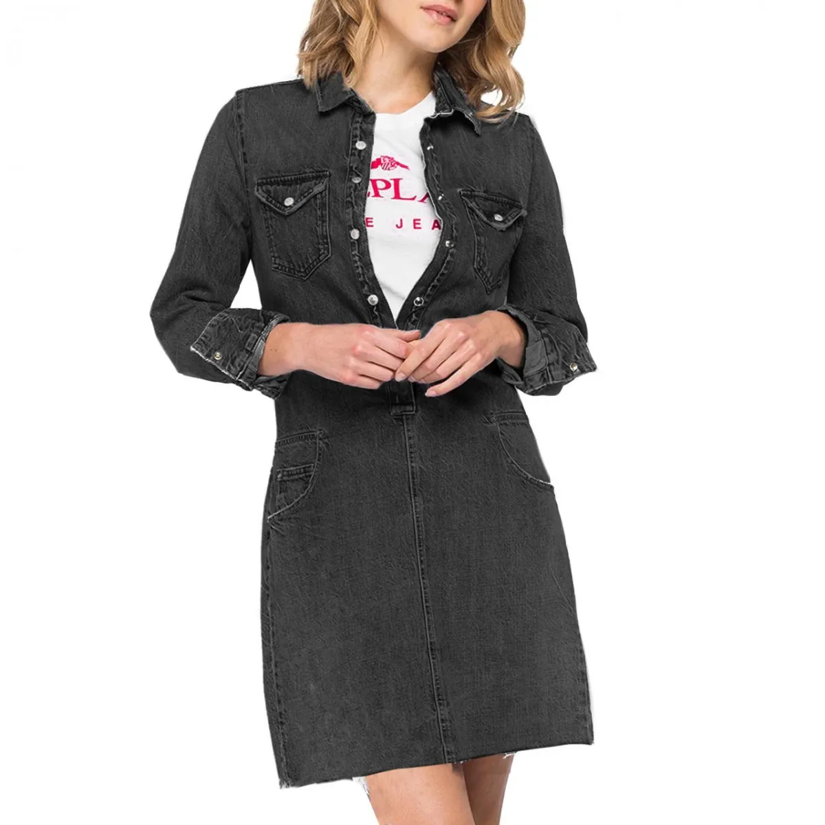 Vestito In Denim Con Tasche, Nero