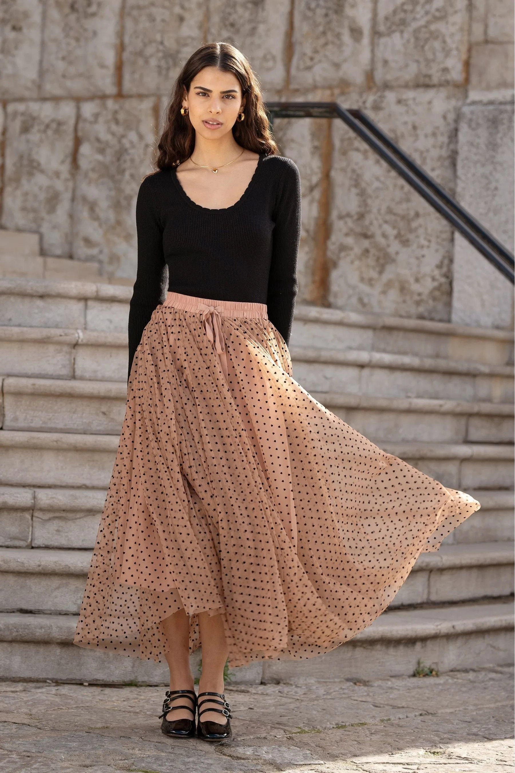 Yumi Mesh Heart Print Tulle Skirt    