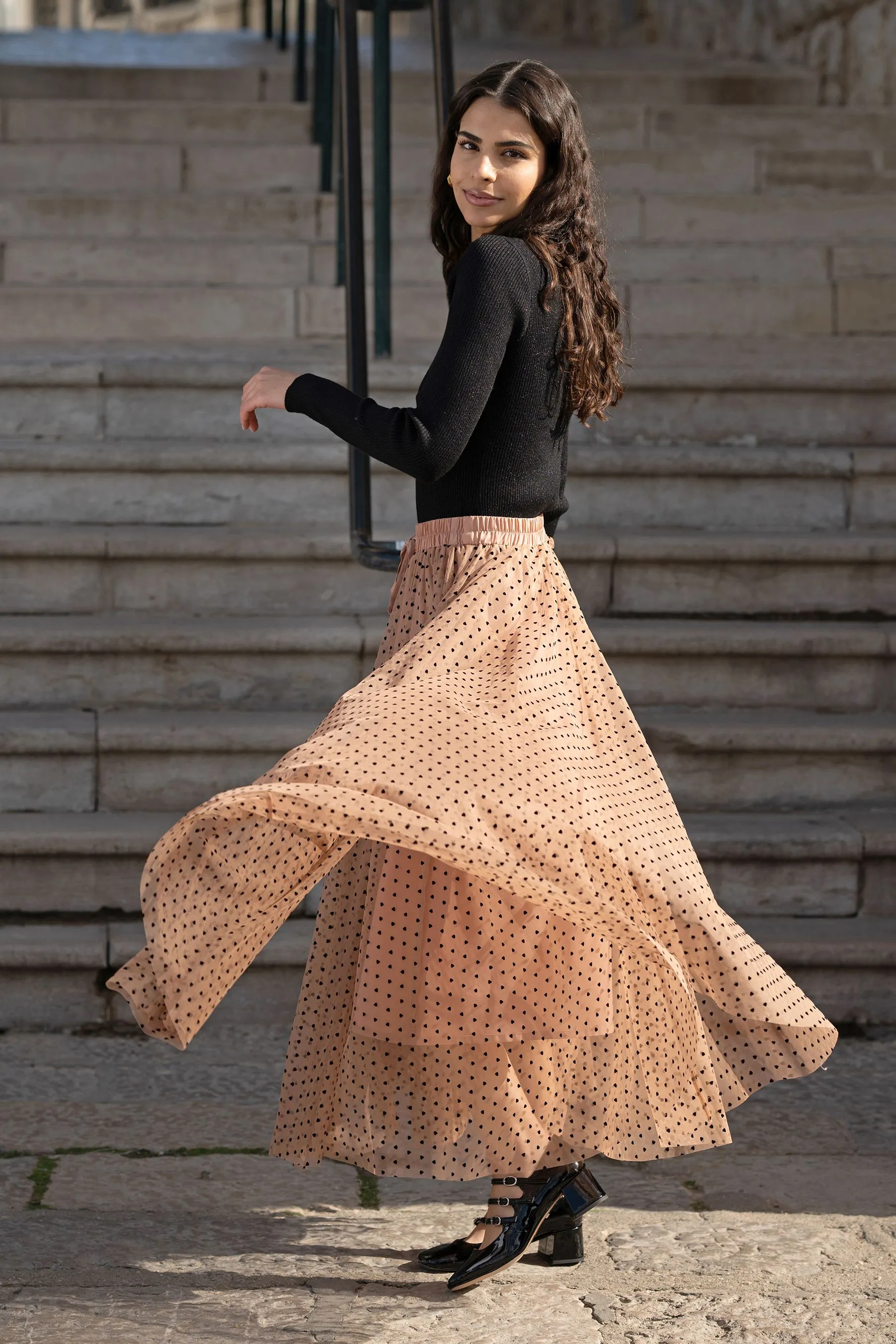 Yumi Mesh Heart Print Tulle Skirt    