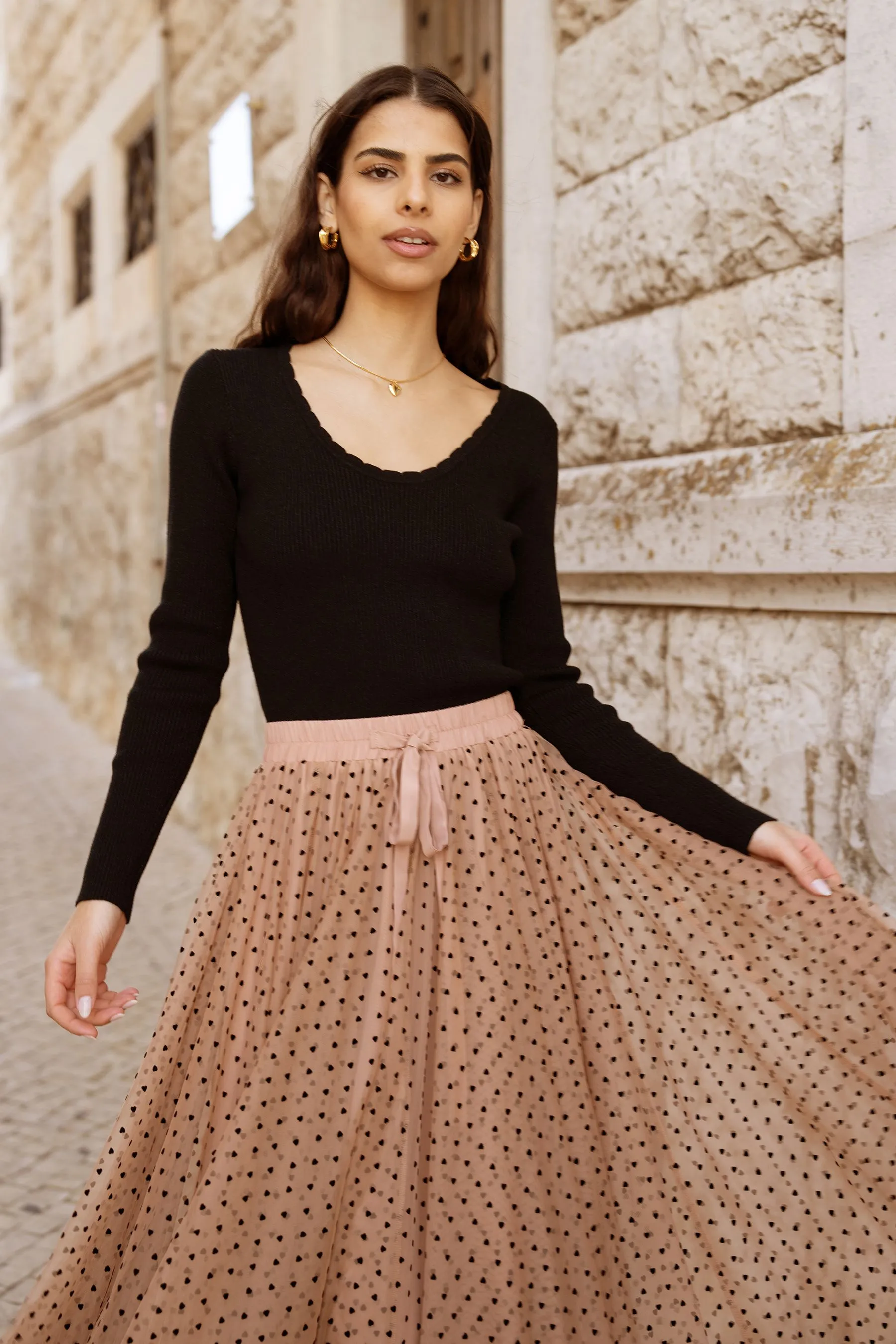Yumi Mesh Heart Print Tulle Skirt    