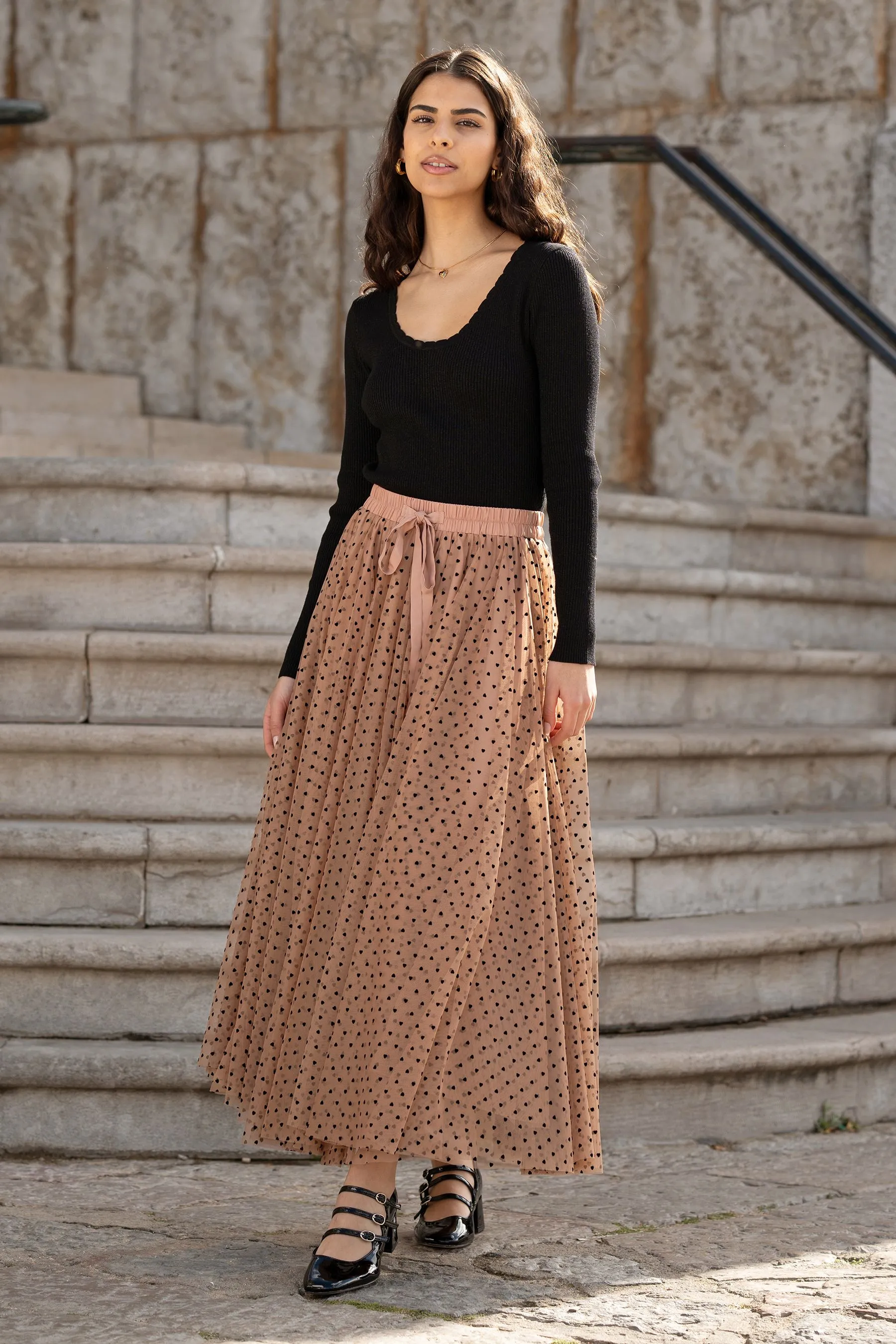 Yumi Mesh Heart Print Tulle Skirt    